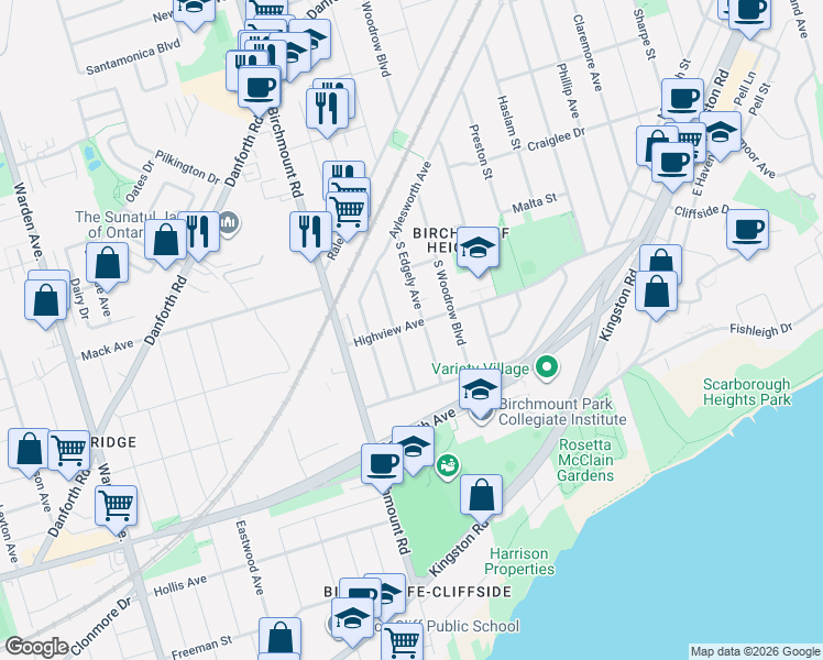 map of restaurants, bars, coffee shops, grocery stores, and more near 63 Highview Avenue in Toronto