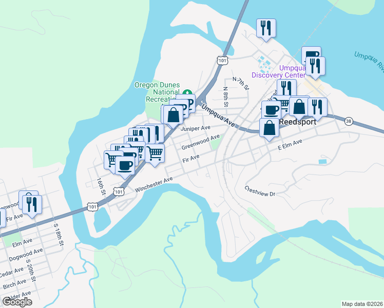 map of restaurants, bars, coffee shops, grocery stores, and more near 1009 Fir Avenue in Reedsport