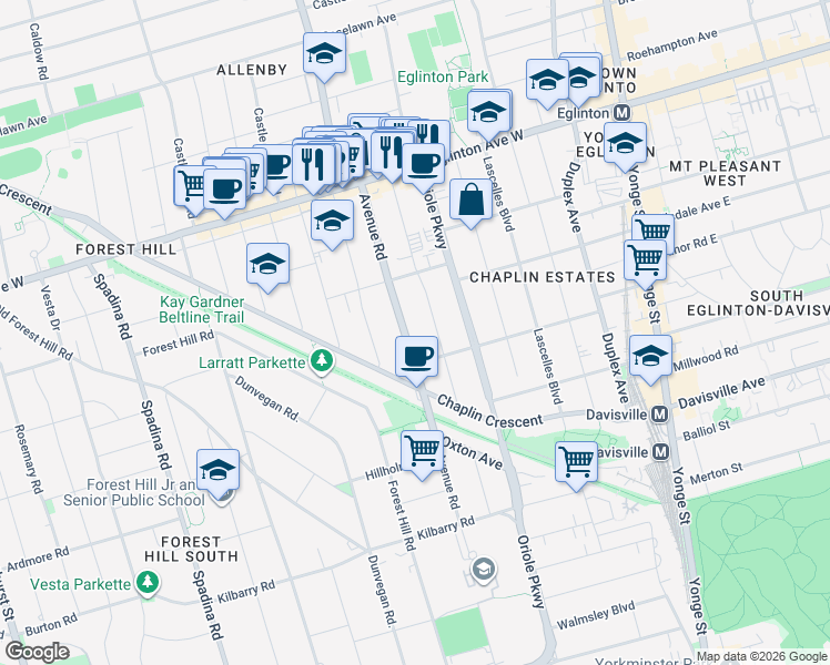map of restaurants, bars, coffee shops, grocery stores, and more near in Toronto