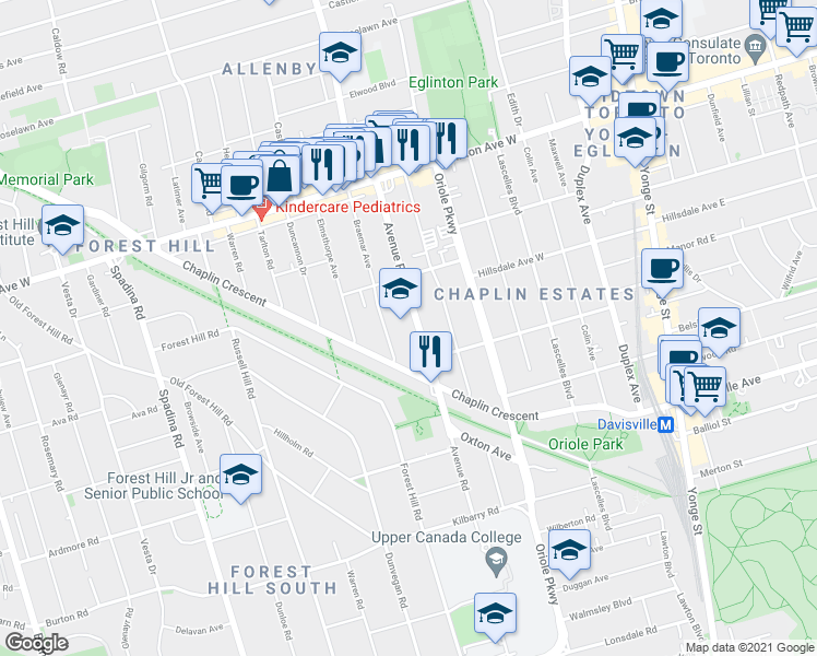 map of restaurants, bars, coffee shops, grocery stores, and more near in Toronto