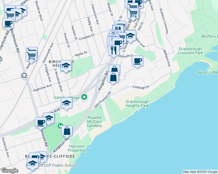 map of restaurants, bars, coffee shops, grocery stores, and more near in Toronto