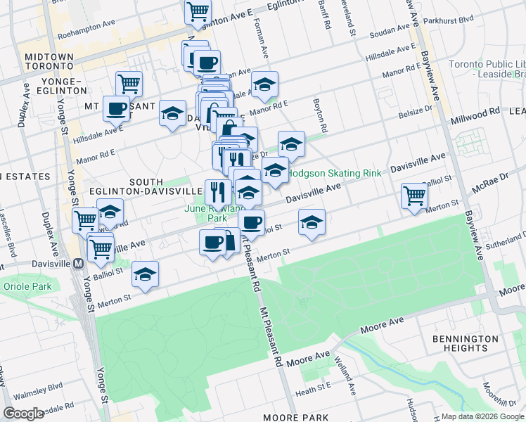 map of restaurants, bars, coffee shops, grocery stores, and more near 283 Davisville Avenue in Toronto