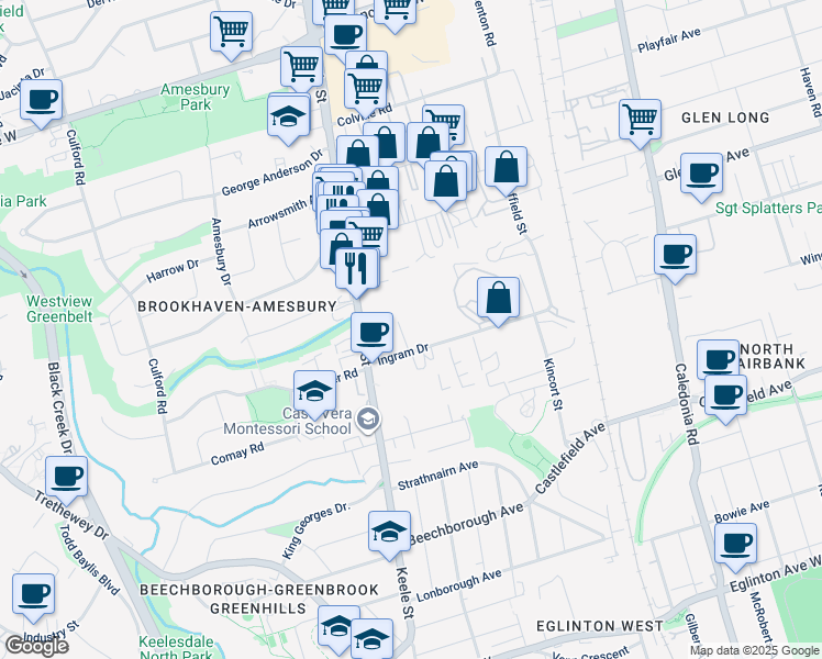 map of restaurants, bars, coffee shops, grocery stores, and more near 22 Ingram Drive in Toronto
