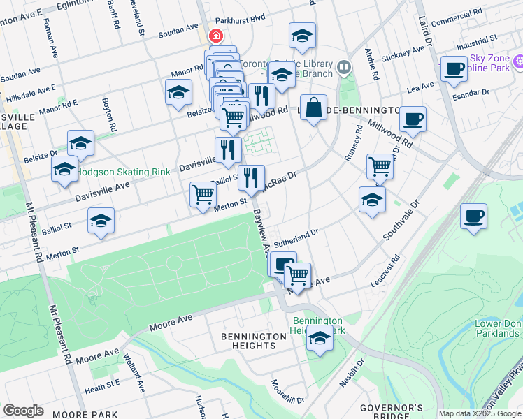 map of restaurants, bars, coffee shops, grocery stores, and more near 1365 Bayview Avenue in Toronto