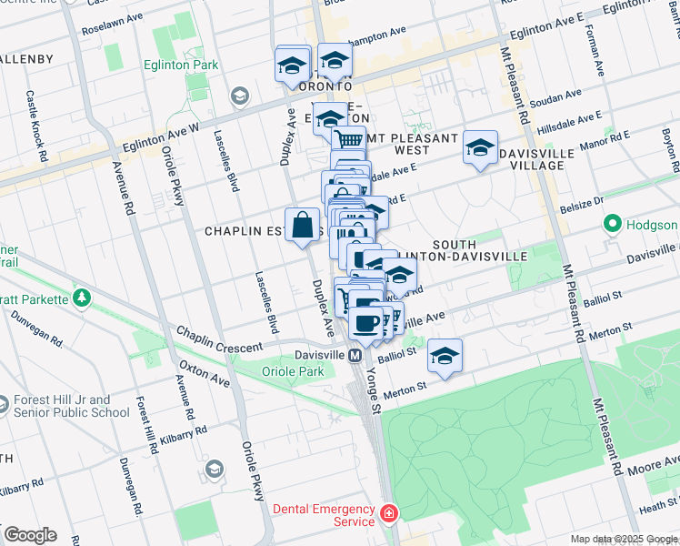 map of restaurants, bars, coffee shops, grocery stores, and more near 24 Glebe Road West in Toronto