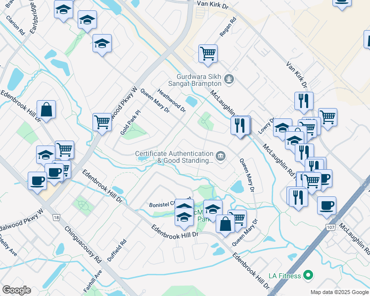 map of restaurants, bars, coffee shops, grocery stores, and more near 19 Flatbush Lane in Brampton