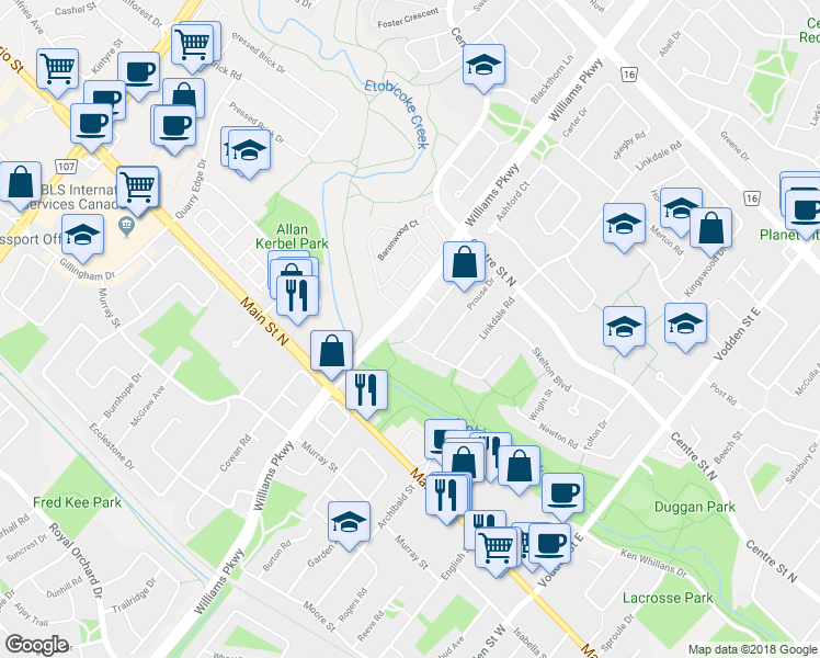 map of restaurants, bars, coffee shops, grocery stores, and more near 136 Elderwood Place in Brampton