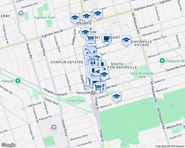map of restaurants, bars, coffee shops, grocery stores, and more near 1989 Yonge Street in Toronto