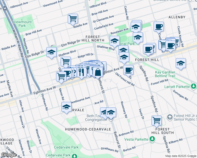 map of restaurants, bars, coffee shops, grocery stores, and more near 2010 Bathurst Street in Toronto