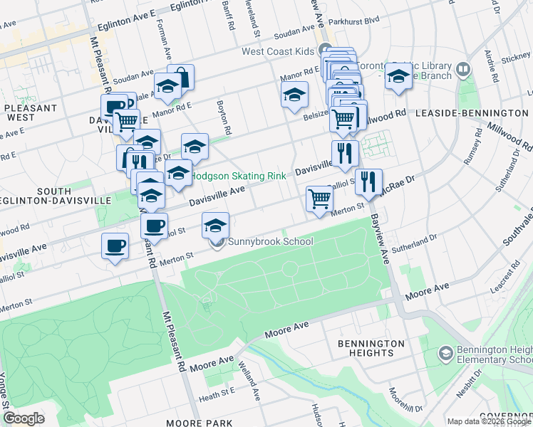 map of restaurants, bars, coffee shops, grocery stores, and more near 525 Balliol Street in Toronto
