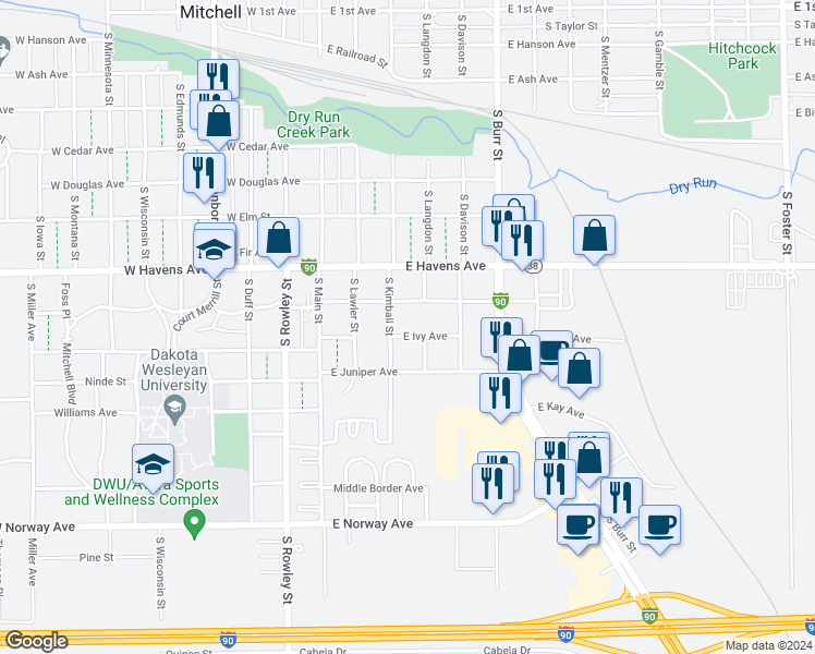 map of restaurants, bars, coffee shops, grocery stores, and more near 1020 South Kimball Street in Mitchell