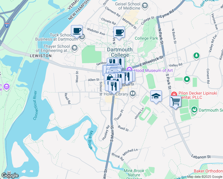map of restaurants, bars, coffee shops, grocery stores, and more near 48 Main Street in Hanover