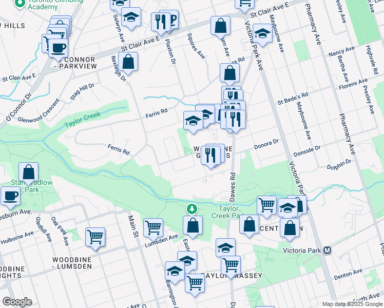 map of restaurants, bars, coffee shops, grocery stores, and more near Chapman Avenue in Toronto