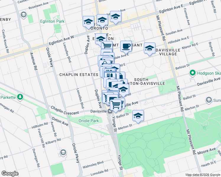 map of restaurants, bars, coffee shops, grocery stores, and more near 1989 Yonge Street in Toronto