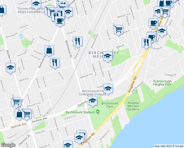 map of restaurants, bars, coffee shops, grocery stores, and more near 63 Highview Avenue in Toronto