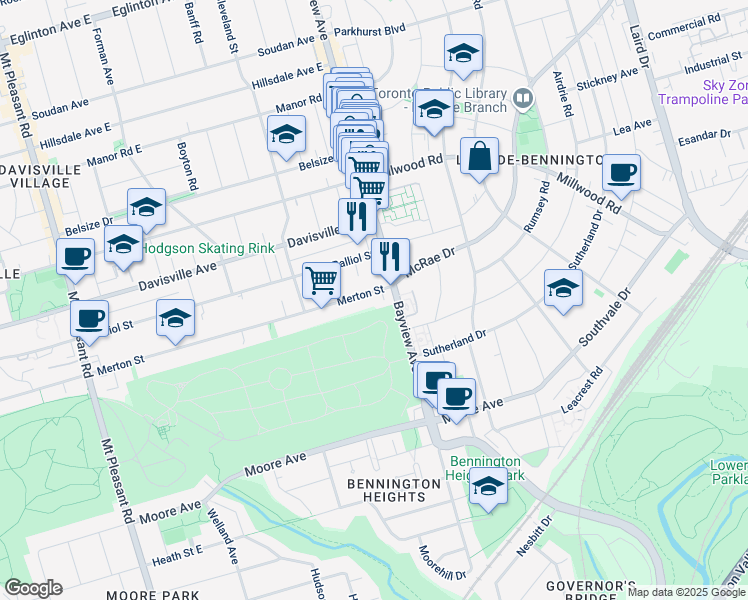map of restaurants, bars, coffee shops, grocery stores, and more near 751 Merton Street in Toronto