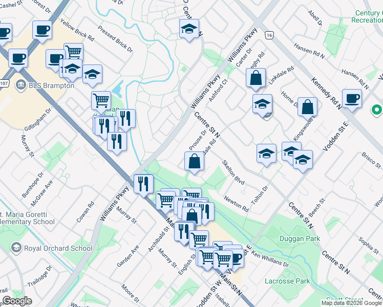 map of restaurants, bars, coffee shops, grocery stores, and more near 43 Prouse Drive in Brampton