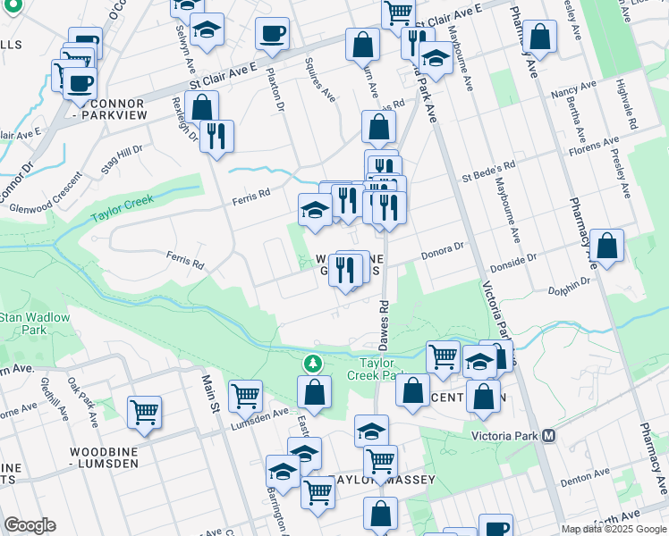 map of restaurants, bars, coffee shops, grocery stores, and more near 63 Chapman Avenue in Toronto