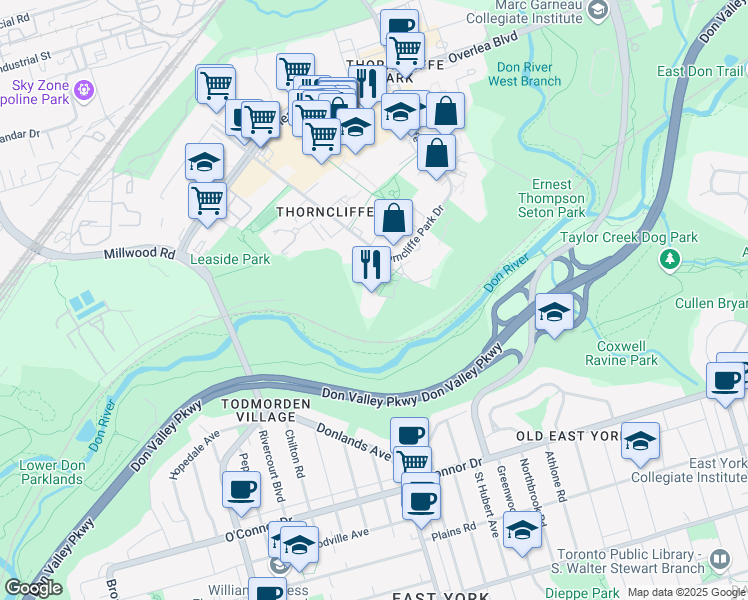 map of restaurants, bars, coffee shops, grocery stores, and more near 43 Thorncliffe Park Drive in Toronto