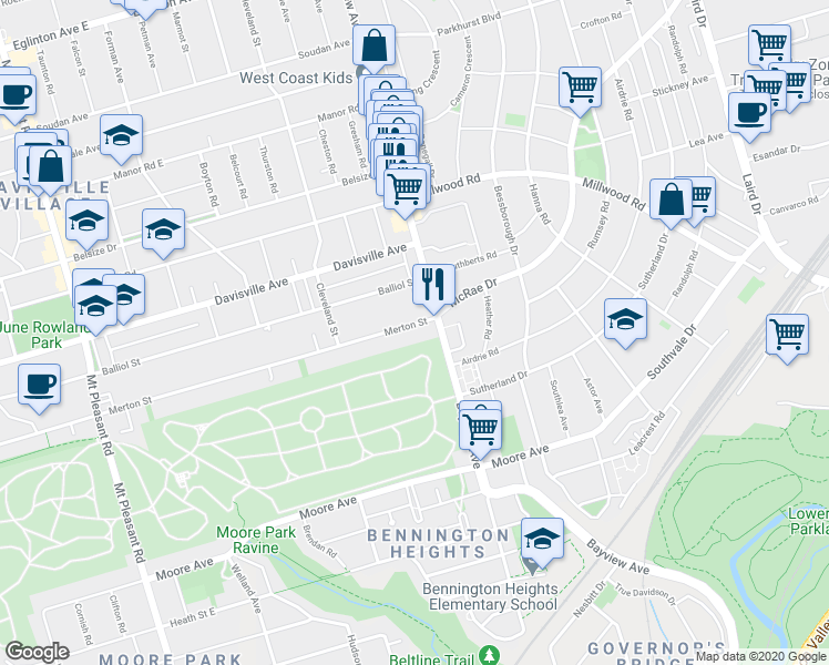 map of restaurants, bars, coffee shops, grocery stores, and more near 1395 Bayview Avenue in Toronto