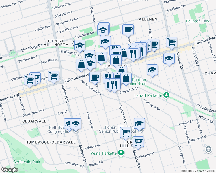 map of restaurants, bars, coffee shops, grocery stores, and more near in Toronto