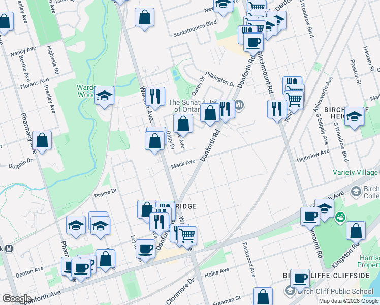 map of restaurants, bars, coffee shops, grocery stores, and more near 38 Dairy Drive in Toronto