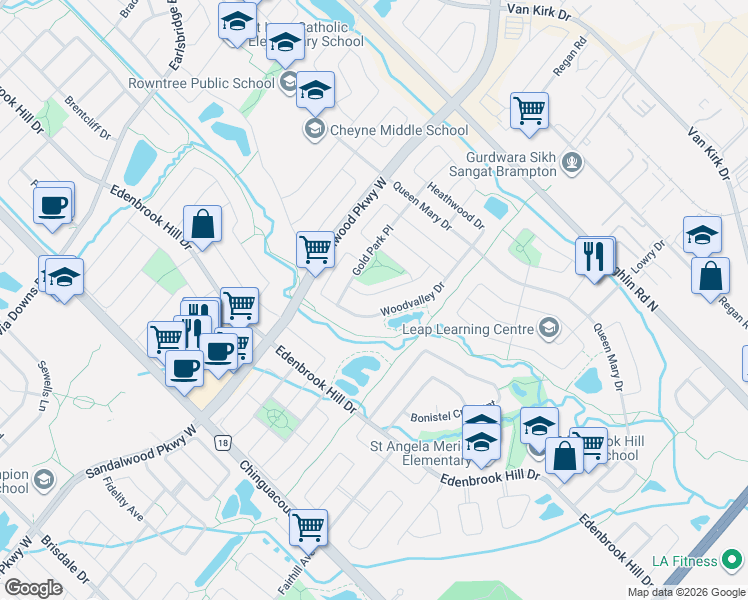 map of restaurants, bars, coffee shops, grocery stores, and more near 33 Nina Place in Brampton