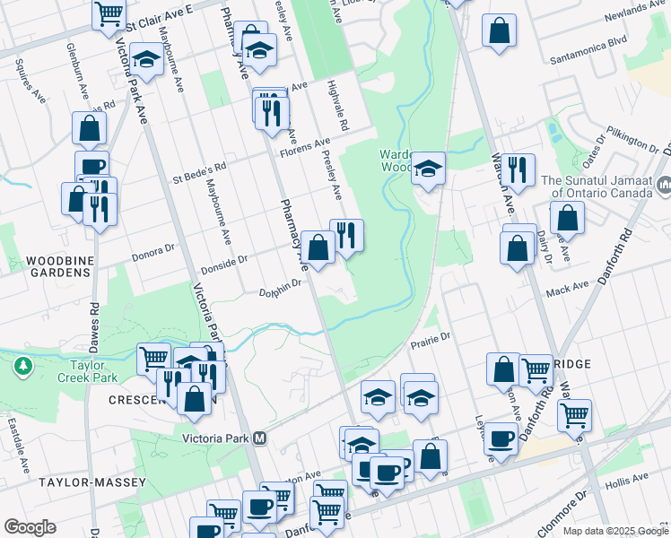 map of restaurants, bars, coffee shops, grocery stores, and more near 283 Pharmacy Avenue in Toronto