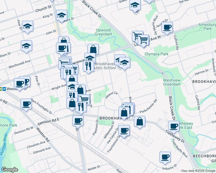 map of restaurants, bars, coffee shops, grocery stores, and more near in Toronto