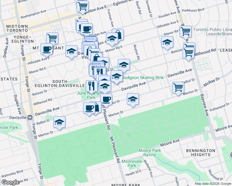 map of restaurants, bars, coffee shops, grocery stores, and more near 301 Davisville Avenue in Toronto