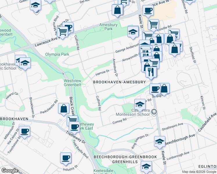 map of restaurants, bars, coffee shops, grocery stores, and more near 90 Flamborough Drive in Toronto