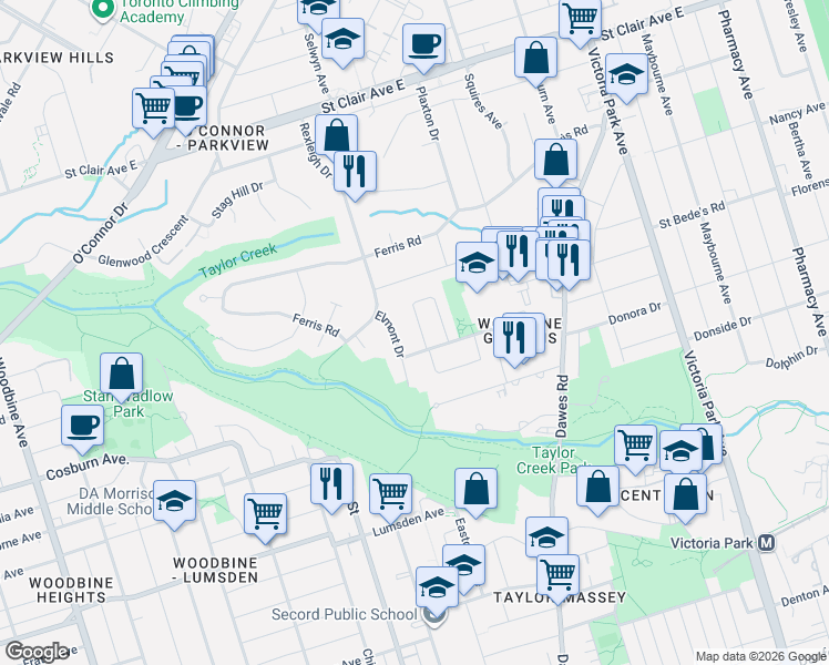 map of restaurants, bars, coffee shops, grocery stores, and more near 8 Munford Crescent in Toronto
