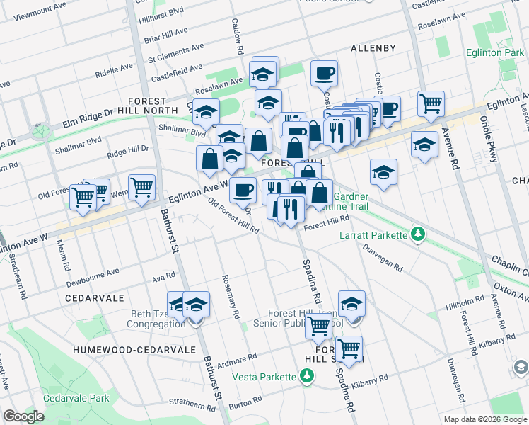 map of restaurants, bars, coffee shops, grocery stores, and more near 10 Gardiner Road in Toronto