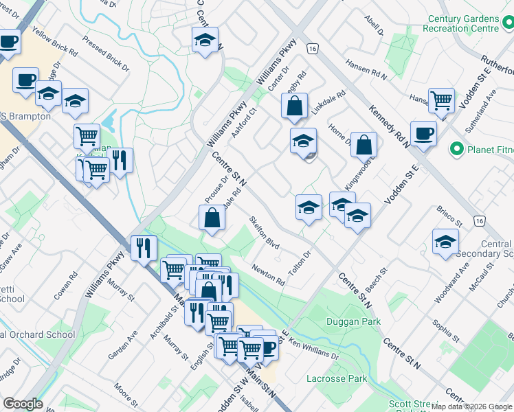 map of restaurants, bars, coffee shops, grocery stores, and more near 283 Centre Street North in Brampton