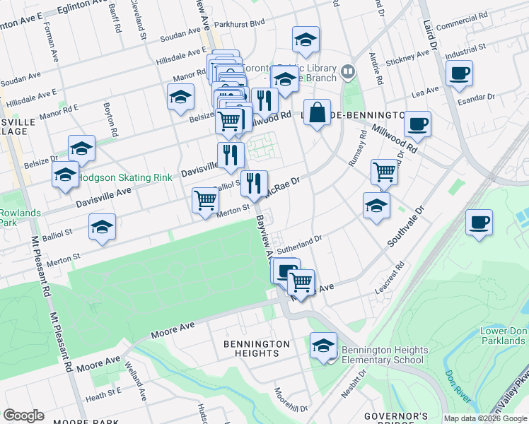 map of restaurants, bars, coffee shops, grocery stores, and more near 1377 Bayview Avenue in Toronto