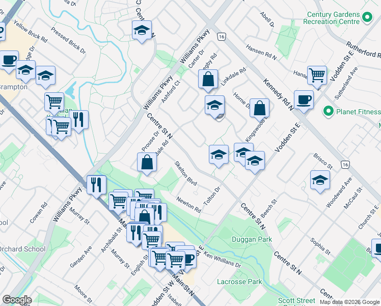 map of restaurants, bars, coffee shops, grocery stores, and more near 308 Centre Street North in Brampton