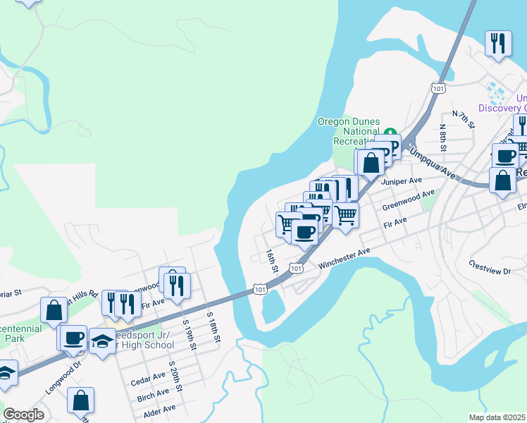 map of restaurants, bars, coffee shops, grocery stores, and more near 1413 Hawthorne Avenue in Reedsport