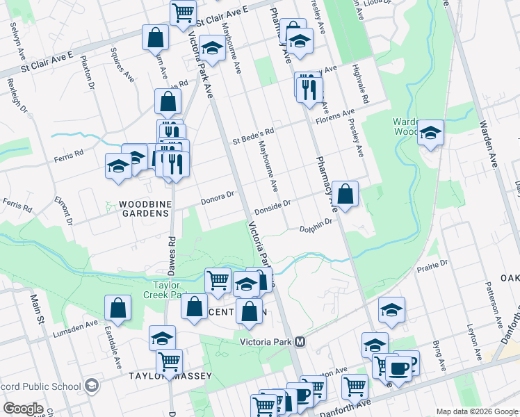 map of restaurants, bars, coffee shops, grocery stores, and more near in Toronto