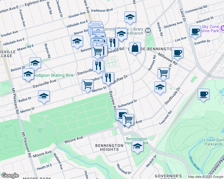map of restaurants, bars, coffee shops, grocery stores, and more near in Toronto