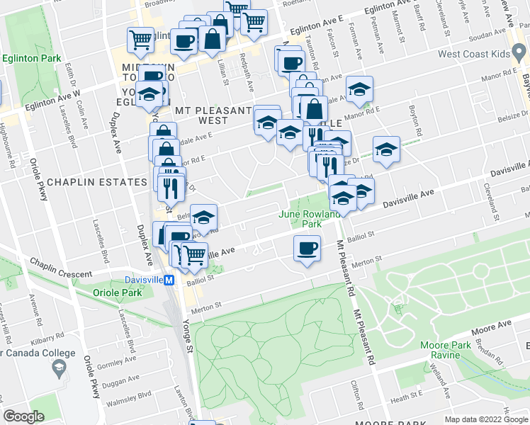 map of restaurants, bars, coffee shops, grocery stores, and more near 196 Millwood Road in Toronto
