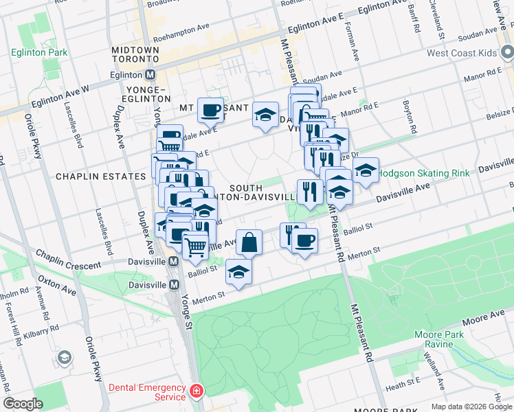 map of restaurants, bars, coffee shops, grocery stores, and more near 103 Belsize Drive in Toronto
