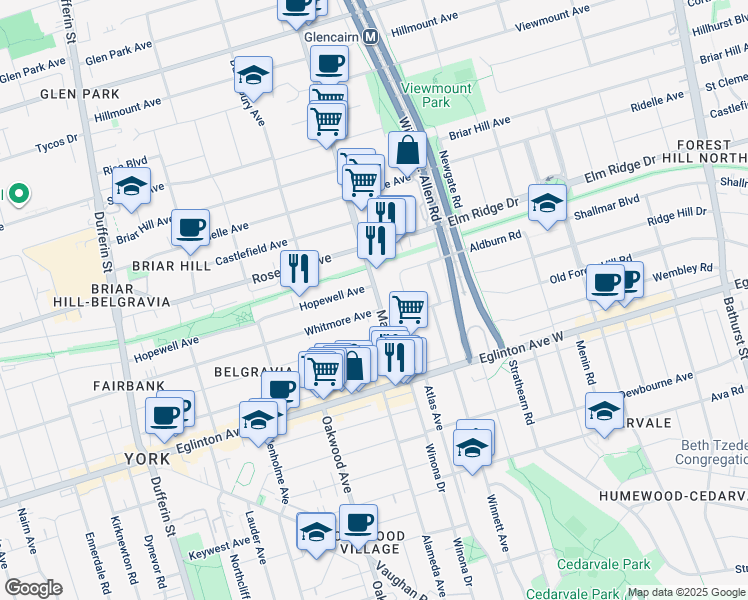 map of restaurants, bars, coffee shops, grocery stores, and more near in Toronto