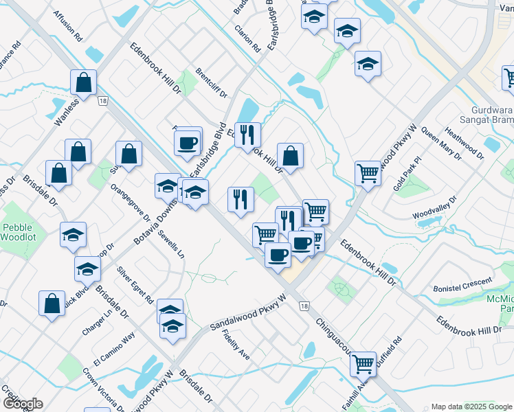 map of restaurants, bars, coffee shops, grocery stores, and more near in Brampton