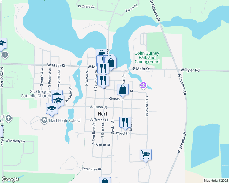 map of restaurants, bars, coffee shops, grocery stores, and more near 216 Lincoln Street in Hart