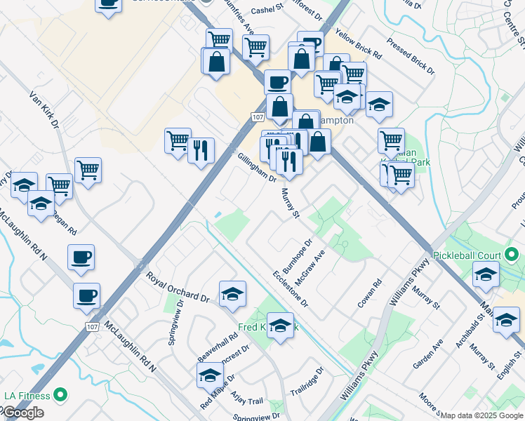 map of restaurants, bars, coffee shops, grocery stores, and more near 33 Tessler Crescent in Brampton