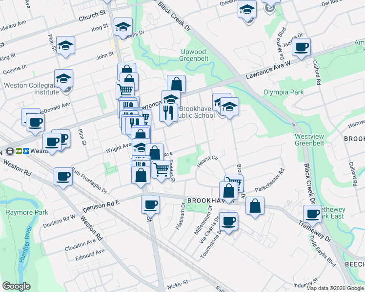map of restaurants, bars, coffee shops, grocery stores, and more near 84 Harding Avenue in Toronto