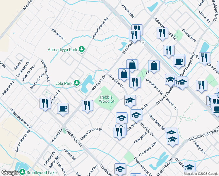 map of restaurants, bars, coffee shops, grocery stores, and more near 1 Celestial Court in Brampton