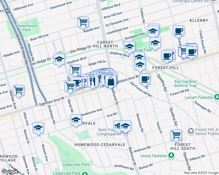 map of restaurants, bars, coffee shops, grocery stores, and more near 2020 Bathurst Street in Toronto
