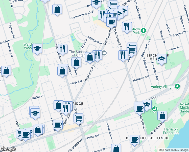 map of restaurants, bars, coffee shops, grocery stores, and more near 58 Mack Avenue in Toronto