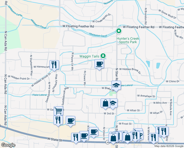 map of restaurants, bars, coffee shops, grocery stores, and more near 918 North Center Way in Star